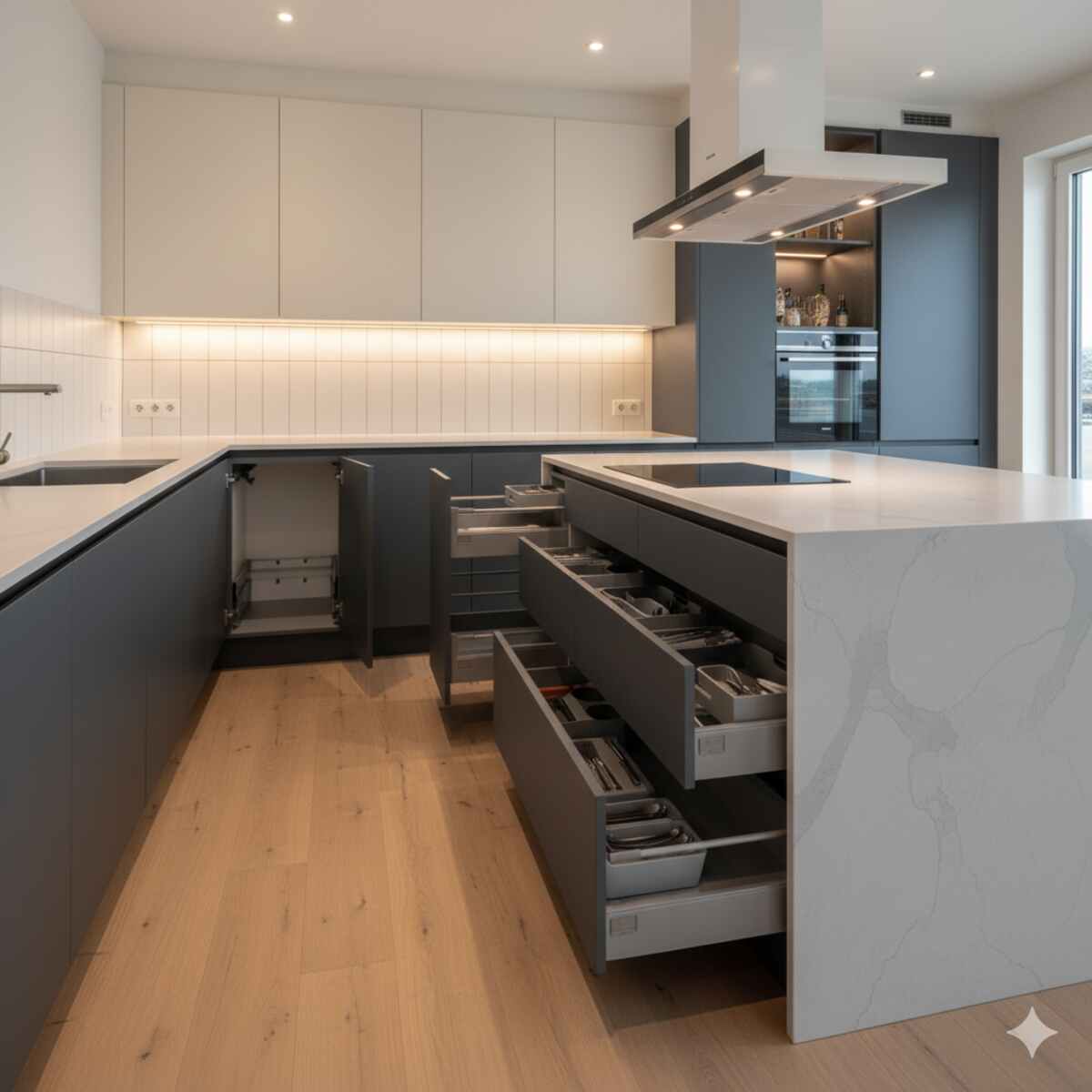 نمایی از یک آشپزخانه شیک و مدرن با کابینت‌های دو رنگ (خاکستری تیره و سفید) و جزیره مرکزی. نورپردازی زیر کابینت‌های بالایی، سطح کار را روشن کرده و کشوهای باز شده، راهکارهای ذخیره‌سازی کارآمد را به نمایش می‌گذارند. کفپوش چوبی و کانترهای سفید، فضایی دلباز و دعوت‌کننده ایجاد کرده‌اند.