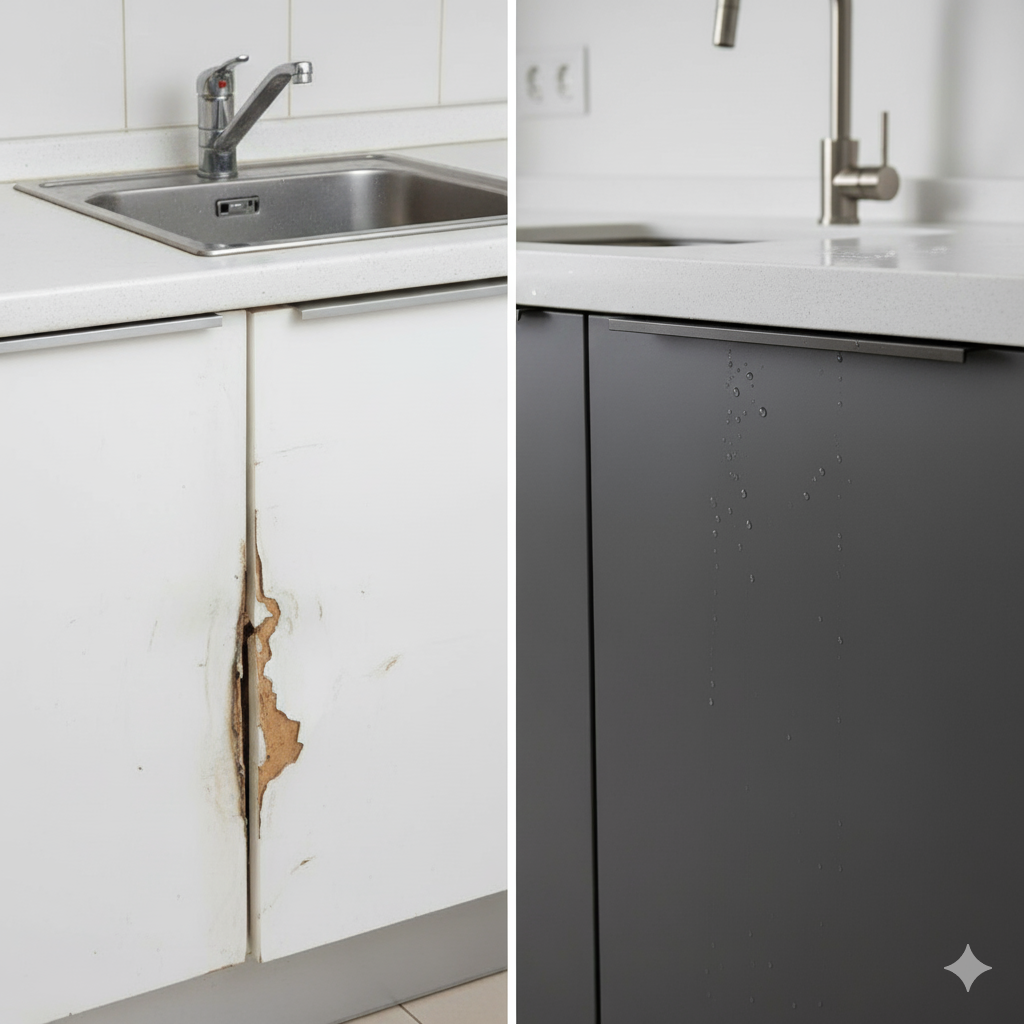 این تصویر دوگانه، مقایسهای بصری بین دو نوع متریال کابینت آشپزخانه و مقاومت آنها در برابر رطوبت را نشان میدهد. سمت چپ: نمایی نزدیک از یک کابینت آشپزخانه سفیدرنگ در کنار سینک ظرفشویی که به وضوح آسیب ناشی از رطوبت و کیفیت پایین متریال را نشان میدهد. سطح کابینت متورم شده، پوستهپوسته و دچار تخریب بافت شده است، که نشاندهنده عدم مقاومت آن در برابر آب است. سمت راست: نمایی نزدیک از یک کابینت آشپزخانه خاکستری تیره و مدرن با قطرات آب روی سطح آن. این کابینت هیچگونه علامتی از آسیب، تورم یا پوستهپوسته شدن را نشان نمیدهد، که مؤید کیفیت بالای متریال و مقاومت آن در برابر رطوبت است. این تصویر بر اهمیت انتخاب متریالهای با دوام و مقاوم در برابر آب برای آشپزخانه تأکید دارد.