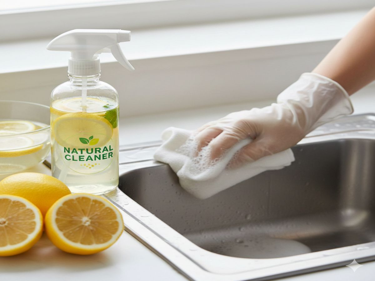 دستی با دستکش سفید در حال تمیز کردن سینک استیل با یک دستمال، در کنار یک بطری اسپری با برچسب "NATURAL CLEANER" پر از محلول آب و لیمو، لیموهای تازه، و کاسهای از برشهای لیمو در آب.