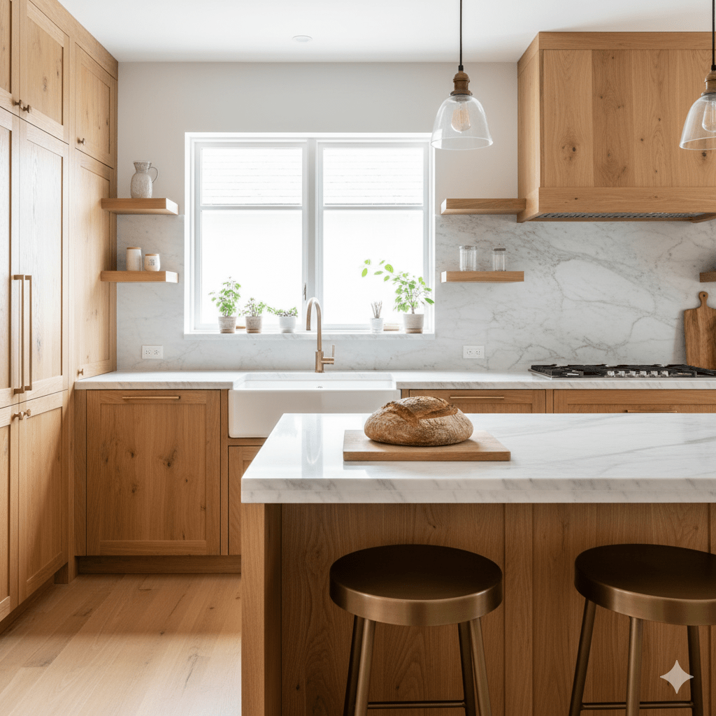 این عنوان بر کلمات کلیدی اصلی تمرکز دارد: Transparent Finish (روکش شفاف)، Raw Wood Cabinets (کابینت چوبی خام)، Polyurethane Protection (بهترین نوع محافظت) و Natural Kitchen Beauty (نتیجه زیبایی).