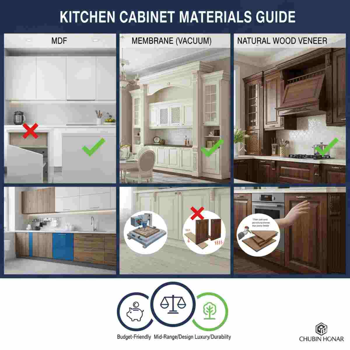 راهنمای جامع انتخاب بین کابینت MDF، ممبران و روکش چوب