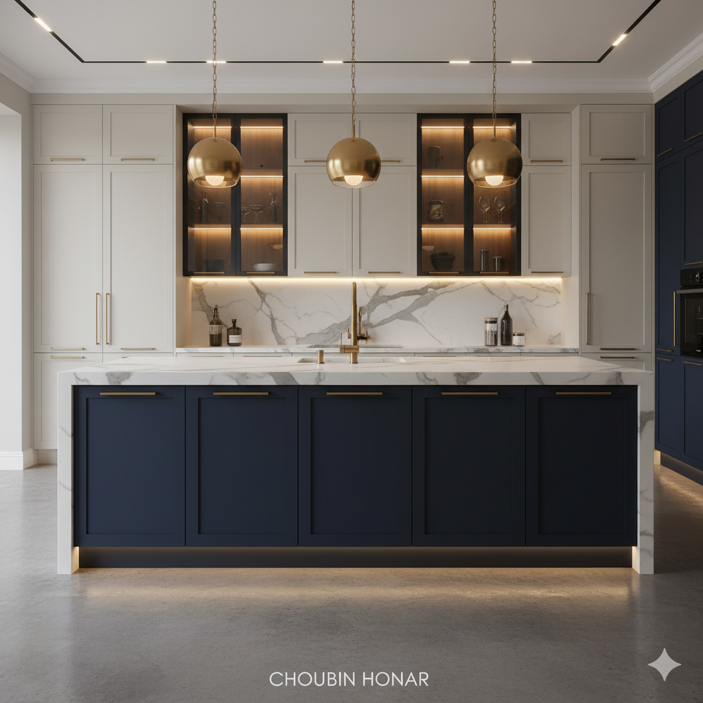 تصویری از یک آشپزخانه فوق‌العاده مدرن و لوکس با الهام از ترندهای سال 2025. جزیره مرکزی آشپزخانه به رنگ آبی نیروی دریایی (تیره) مات است و دارای کانترتاپ کوارتز سفید با رگه‌های خاکستری چشمگیر می‌باشد. کابینت‌های بالایی ترکیبی از درب‌های کرم روشن و کابینت‌های ویترینی (شیشه‌ای) با فریم مشکی و نورپردازی داخلی هستند. دستگیره‌های طلایی براش‌شده و شیرآلات طلایی درخشان، جلوه‌ای لوکس به فضا داده‌اند. نورپردازی مخفی نواری در زیر جزیره و کابینت‌ها محیطی گرم و مدرن ایجاد کرده است. این طرح نمایانگر ترکیب هوشمندانه رنگ‌ها، بافت‌ها و متریال‌های جدید در یک فضای شیک و کاربردی است.