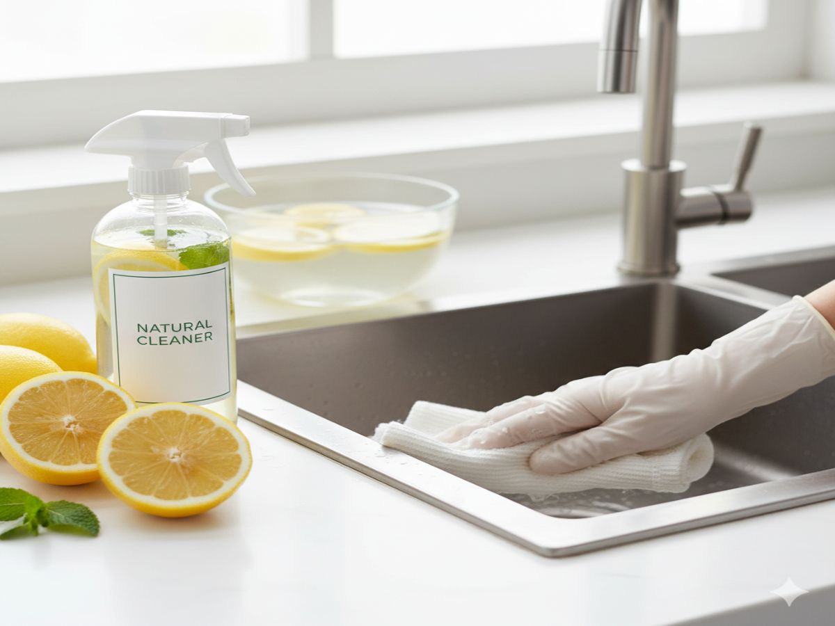 در تصویر جدید، جزئیات زیر را میبینید: یک دست با دستکش سفید در حال تمیز کردن سینک استیل با یک دستمال فومی است. یک بطری اسپری با برچسب "NATURAL CLEANER" پر از محلول آب و لیمو، همراه با برشهای لیمو و برگهای نعنا، در کنار سینک قرار دارد. لیموهای تازه و یک کاسه شیشهای حاوی برشهای لیمو در آب نیز در تصویر دیده میشوند که حس تمیزی طبیعی و شادابی را القا میکنند.