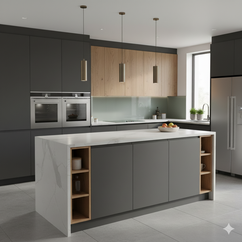 آشپزخانهای مدرن و شیک با کابینتهای پلیاورتان مات به رنگ خاکستری تیره که با عناصر چوبی روشن ترکیب شدهاند. یک جزیره بزرگ مرکزی با رویه کوارتز سفید رگهدار و کابینتهای خاکستری در مرکز تصویر قرار دارد. دیوارهای کابینتهای بلند شامل دو فر توکار است. پشت جزیره، کابینتهای دیواری چوبی روشن نصب شدهاند که هماهنگی زیبایی با کابینتهای خاکستری ایجاد کردهاند. سه چراغ آویز طلایی-برنزی مدرن از سقف آویزان هستند.