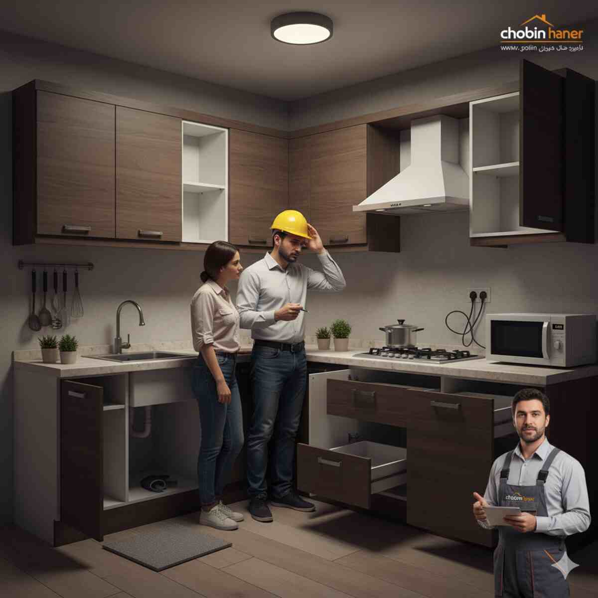 عکسی از یک آشپزخانه با کابینت‌های چوبی و کانتر سفید که مراحل نصب و طراحی را نشان می‌دهد. یک مهندس با کلاه ایمنی زرد در حال گفتگو با یک مشتری زن در کنار سینک است، در حالی که کابینت‌های زیرین باز هستند و لوله‌کشی و فضای تهویه را نشان می‌دهند. در گوشه پایین سمت راست، یک نصاب یا طراح با یونیفرم، به همراه تبلت، با اطمینان به دوربین نگاه می‌کند. این تصویر به اهمیت مشاوره تخصصی در طراحی کابینت اشاره دارد تا از اشتباهات رایج جلوگیری شود.
