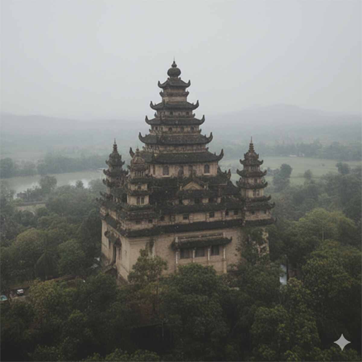 عکسی هوایی از یک معبد باستانی و چند طبقه با سقف‌های شیب‌دار و تزئینات شرقی، که در میان جنگلی انبوه و سرسبز قرار گرفته است. پس‌زمینه تصویر یک روز مه‌آلود را نشان می‌دهد که بر فراز تپه‌ها و دره‌ای که یک رودخانه از آن می‌گذرد، گسترده شده است و حسی از آرامش و عظمت را القا می‌کند.